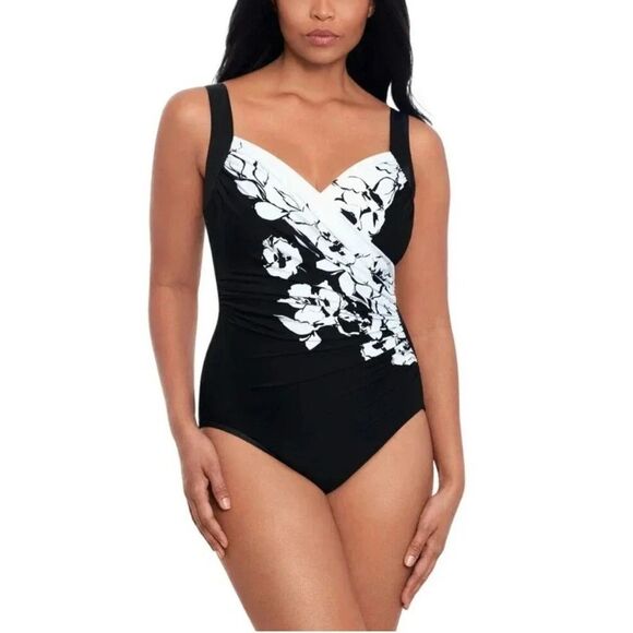 Miraclesuit Sanibel One Piece Swimsuit Black Slimming Trimming Floral- Size 10 - Picture 1 of 11